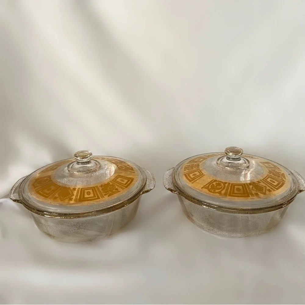 Vintage fire king culver coronet metallic gold covered casserole dishes cookware